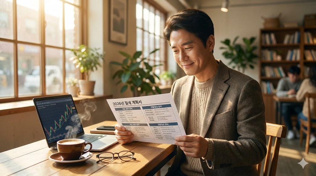 따뜻한 카페에서 여유롭게 절세 계획을 검토하며 미소 짓는 투자자의 모습