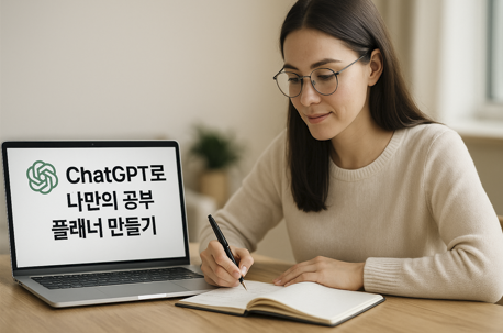 조용한 학습 공간처럼 보이는 실내 환경, 노트북이 열려 있음. “계획적인 학습”, “AI와 함께하는 공부 습관”을 직관적으로 표현