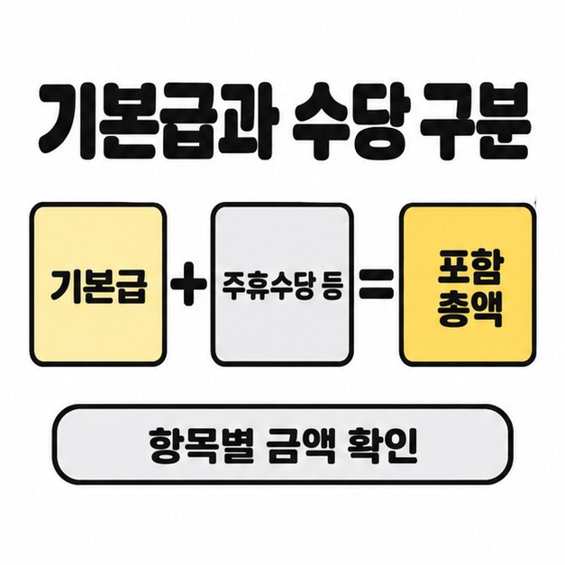 기본급과 주휴수당 등을 합한 포함 총액을 항목별로 확인하는 급여 구성 도식