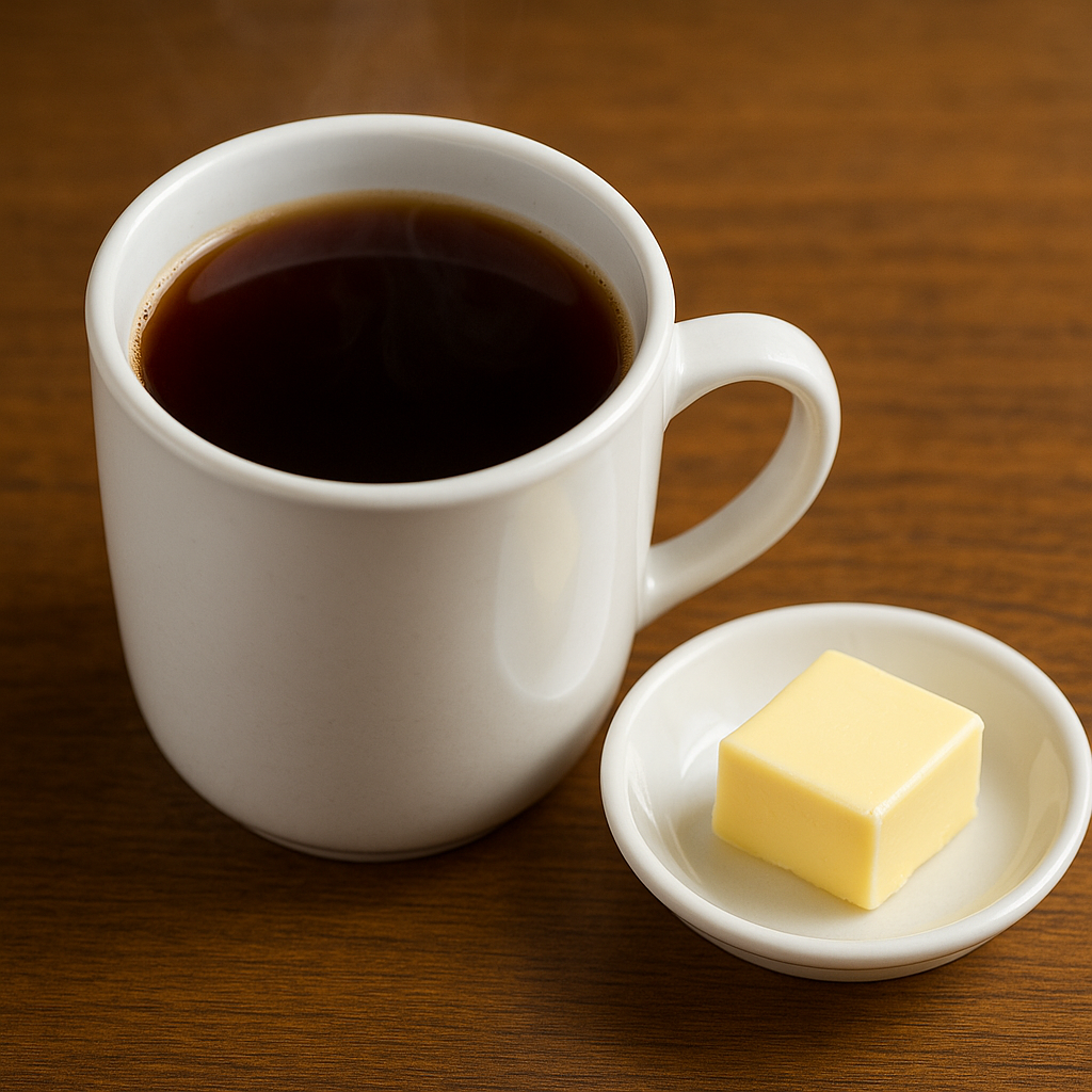 뜨거운 머그잔에 담긴 푸룬 주스와 버터 한 조각
