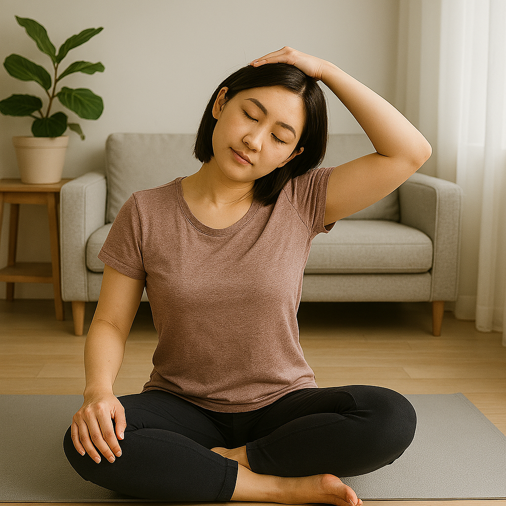 목·어깨 통증 완화 스트레칭 하고 있는 모습