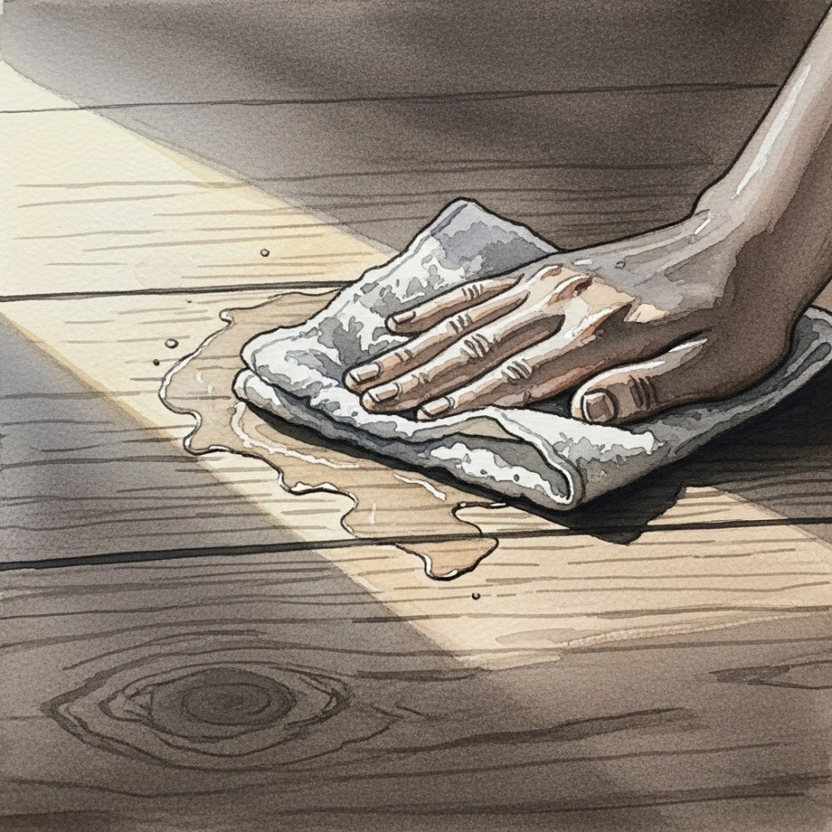 햇살 아래 젖은 걸레로 깨끗하게 닦아내는 모습