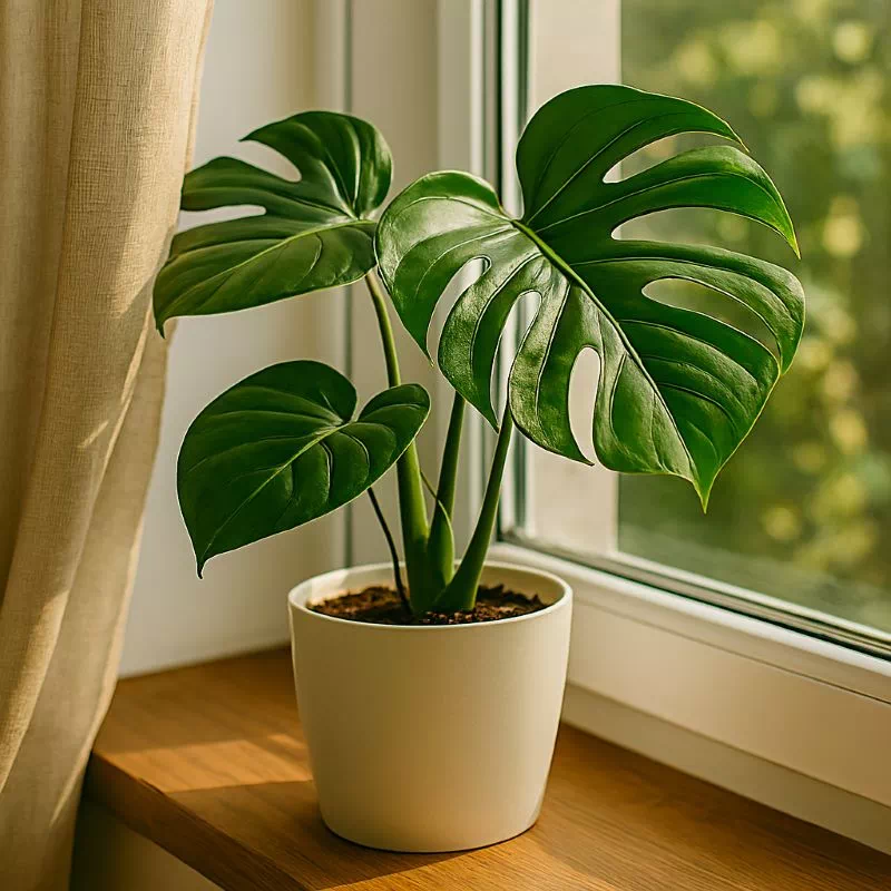 햇살이 잘 드는 창가에서 한 사람이 건강한 몬스테라를 돌보고 있는 모습, 식물 잘 키우는 법을 통해 얻는 즐거움을 상징한다.