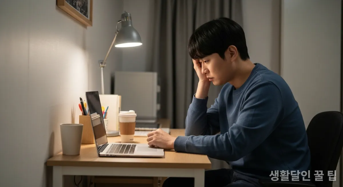 아파트 책상에 앉아 스트레스와 피로에 지쳐 보이는 한국인