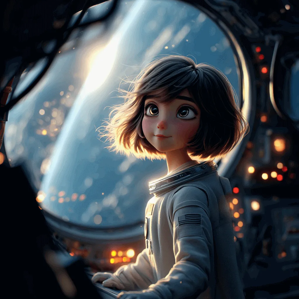 미드저니 옴니로 생성한 카툰 여성의 일관성 있는 얼굴로 우주 비행사가 된 모습.