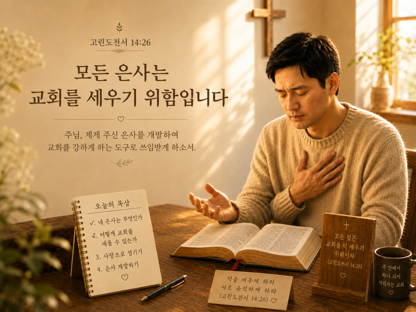 고전 14:26 말씀에서 제가 은사를 가지고 행하는 모든 것의 목적은 교회를 강하게 하는 것임을 기억하며 은사를 개발하고 교회를 강하게 하기 위한 도구로서 어떻게 기여할 수 있는가를 묵상하는 시간을 갖는 모습입니다.
