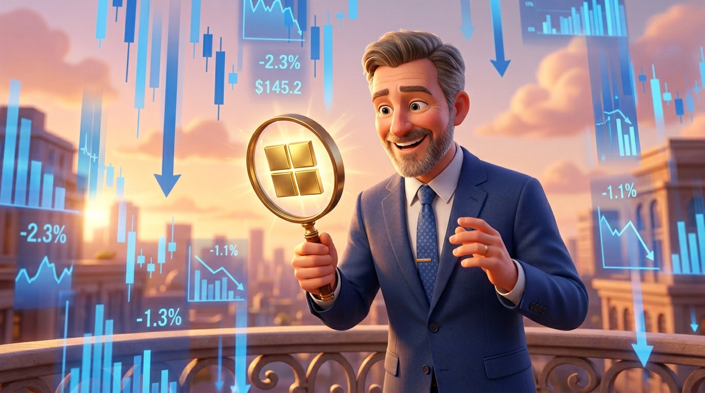 아빠가 든든한 돋보기를 들고 파란색 하락장 그래프 속에서 황금색 마이크로소프트 로고를 찾아내 환하게 웃고 있는 따뜻한 3D 일러스트