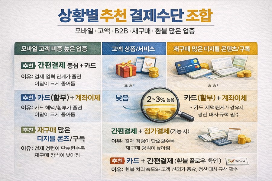 모바일 비중, 고액 결제, B2B 거래, 재구매 중심, 환불이 잦은 업종별로 추천되는 결제수단 조합을 정리한 인포그래픽입니다.