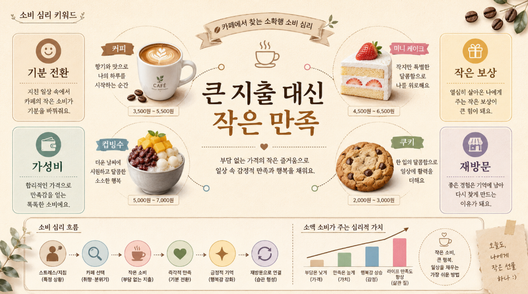 큰 지출 대신 작은 만족을 선택하는 카페 디저트 소비 심리 인포그래픽