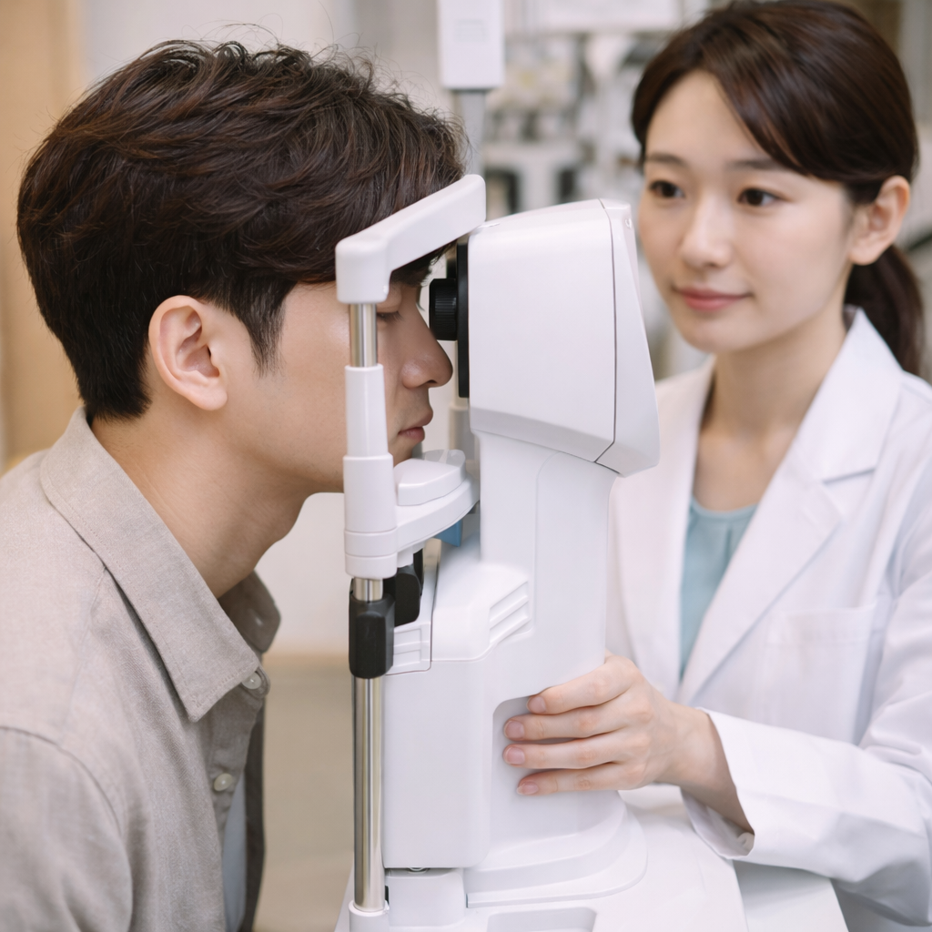 녹내장 확인을 위해 안과에서 검진을 받는 모습