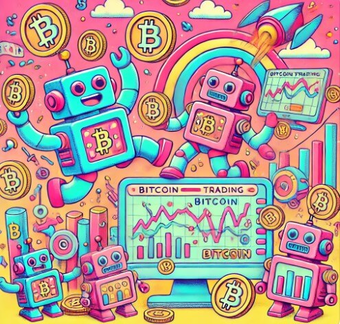 봇의 모습을 실체화해서 봇이 비트코인 트레이딩을 하는 모습을 그린 그림