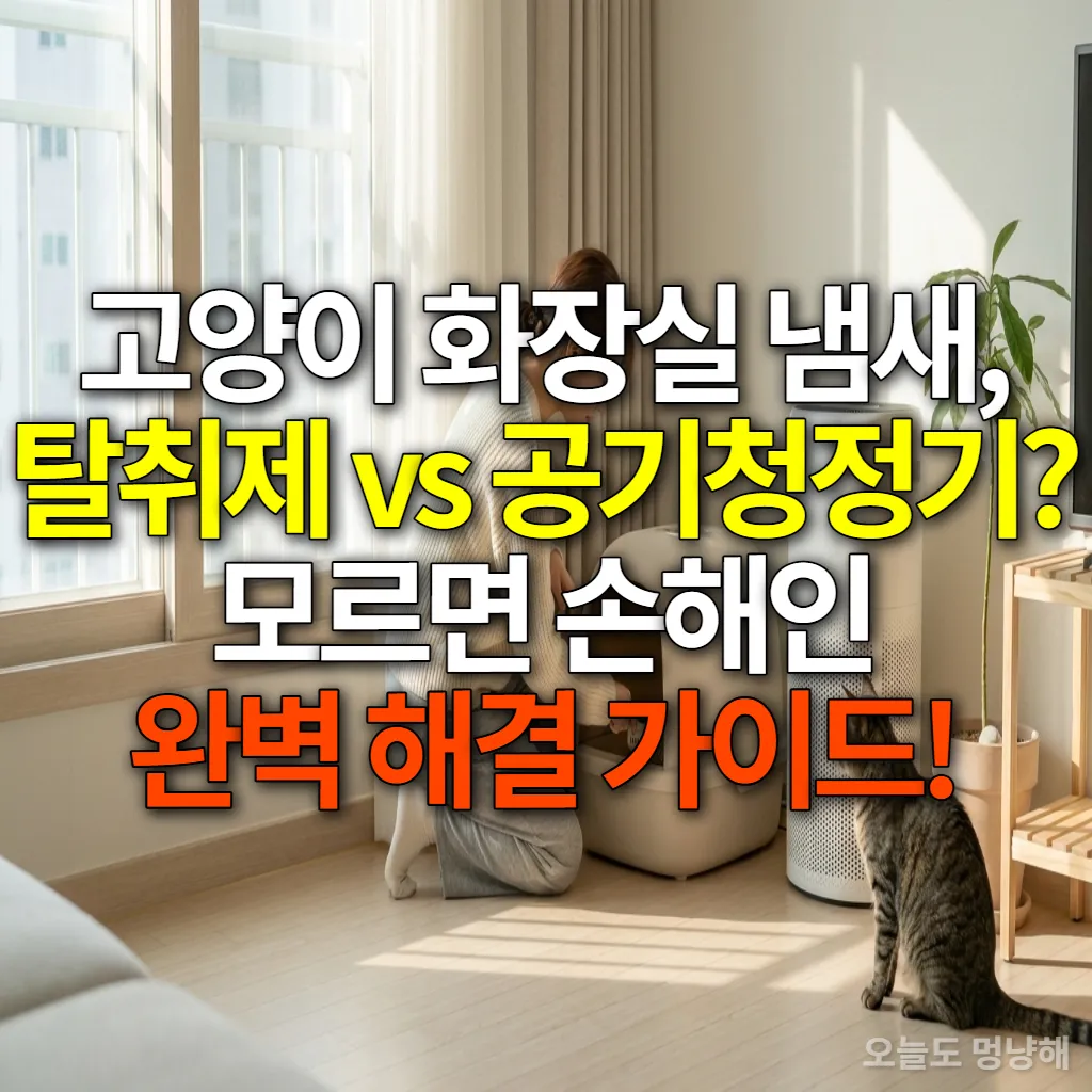 고양이 화장실을 청소하고 있는 한국 여성과 깨끗한 거실에 놓인 공기청정기