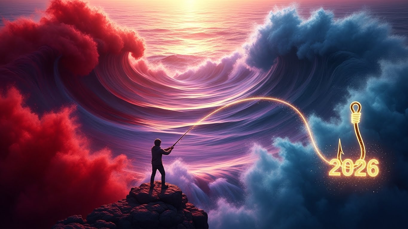 Red and blue oceans swirling and mixing to form a purple ocean. A person is casting a golden fishing line over it, with the number '2026' caught on the hook.