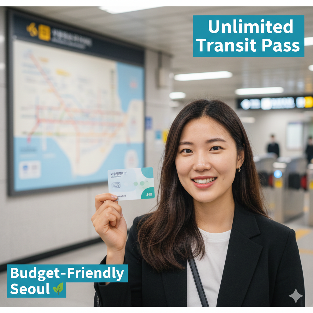 A traveler holding the Seoul Climate Card in a subway station, highlighting it as an "Unlimited Transit Pass" for "Budget-Friendly Seoul."
