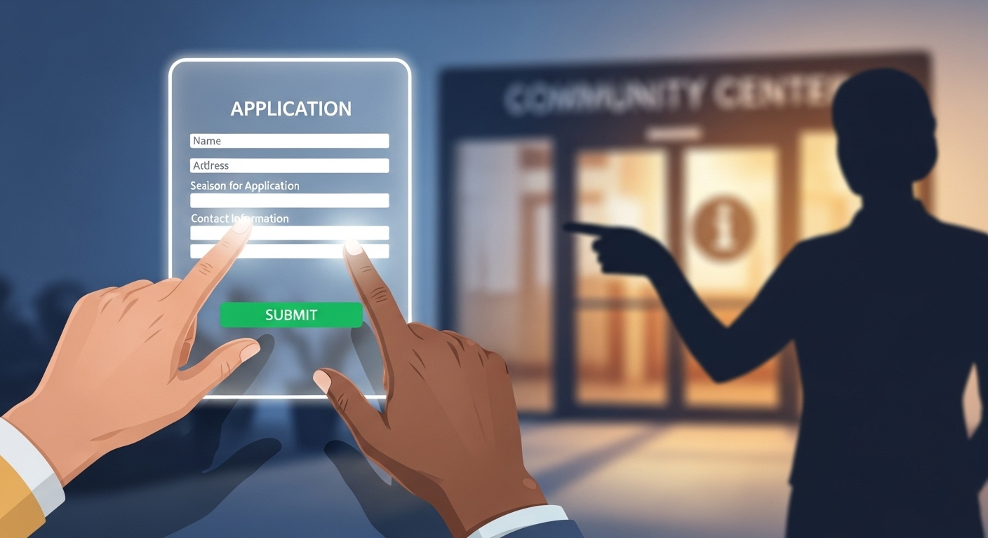 온라인 및 방문을 통한 사회복지 정책 신청 과정을 쉽게 보여주는 사용자 친화적인 일러스트.