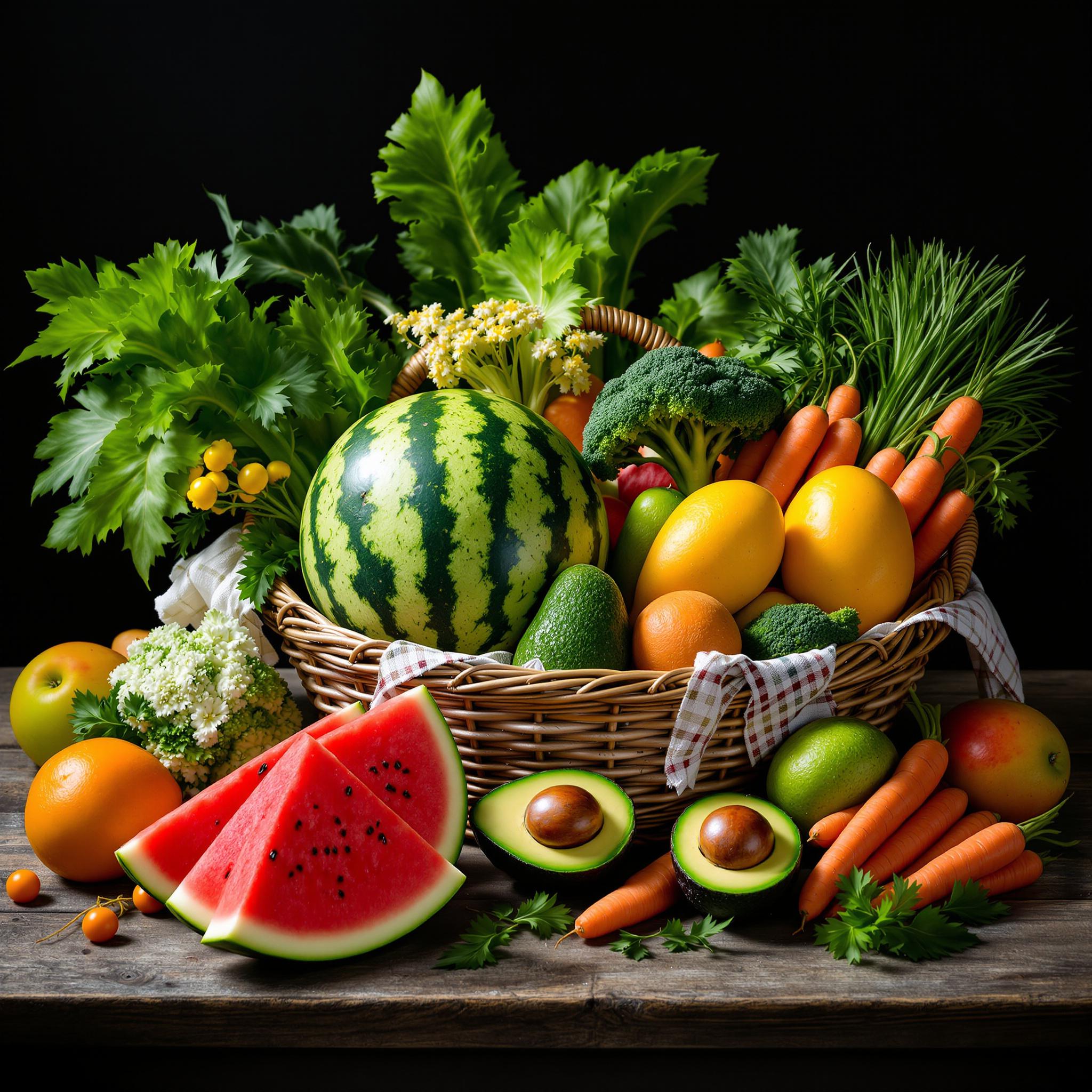 풍부한 나무 테이블 위에 수박, 아보카도, 망고, 브로콜리, 당근과 같은 고섬유질 여름 과일과 채소로 가득 찬 다채로운 바구니