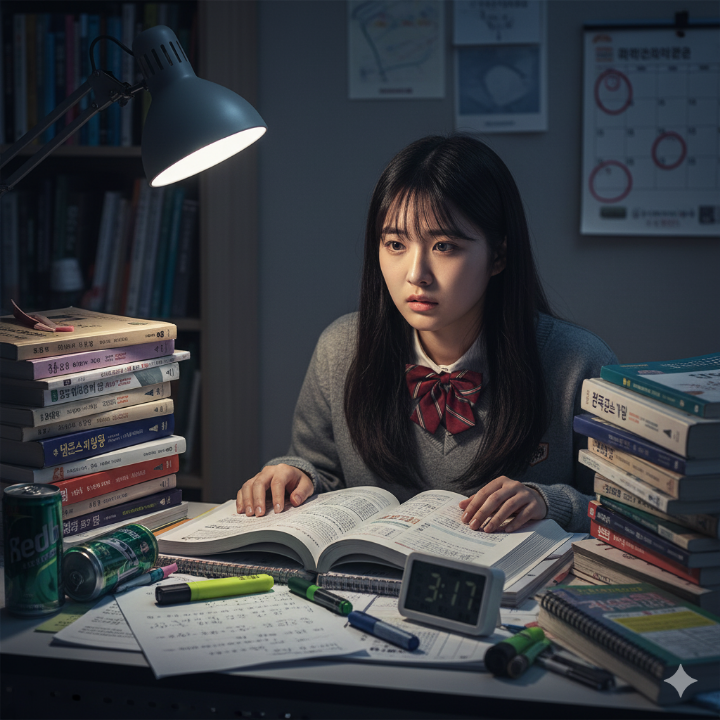 책상 위에 쌓여있는 문제집과 불안한 표정의 학생