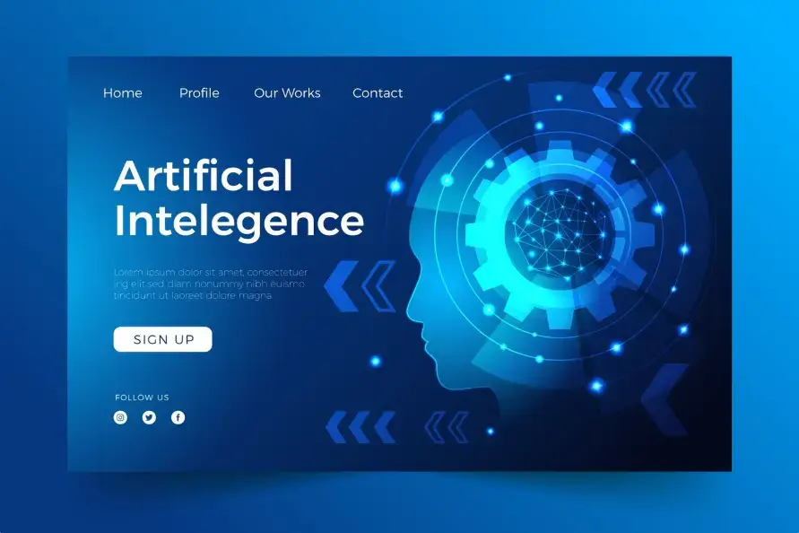 인공지능(AI) 기술 개요 UI, 인간 두뇌와 기계 기어가 결합된 그래픽 디자인