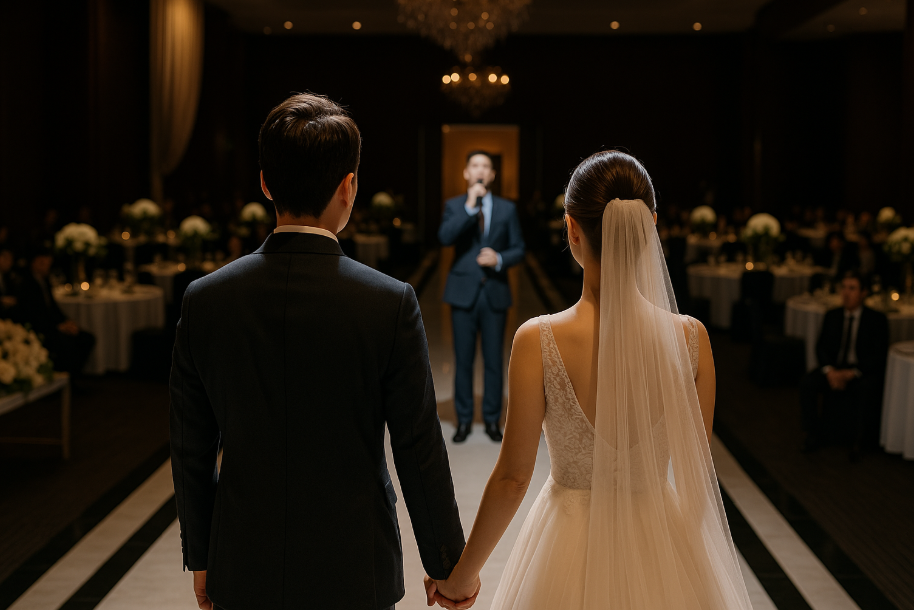 축가하는 사람을 바라보는 신랑신부 뒷모습