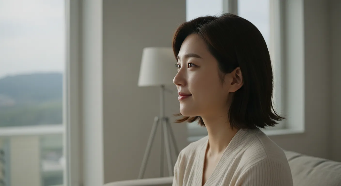 "아이존 눈 영양제를 섭취한 후 눈의 피로가 풀려 편안한 표정을 짓고 있는 여성"