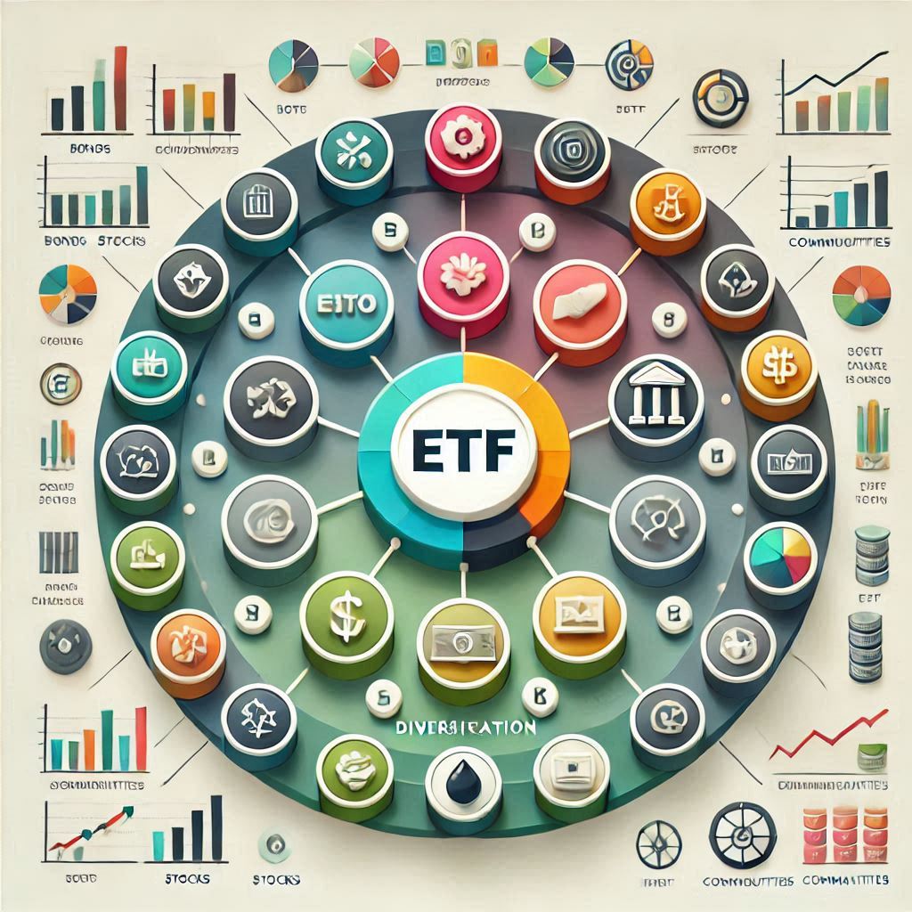 &quot;ETF를 중심으로 다양한 투자 자산군이 연결된 원형 다이어그램, 분산 투자의 개념을 시각화함&quot;