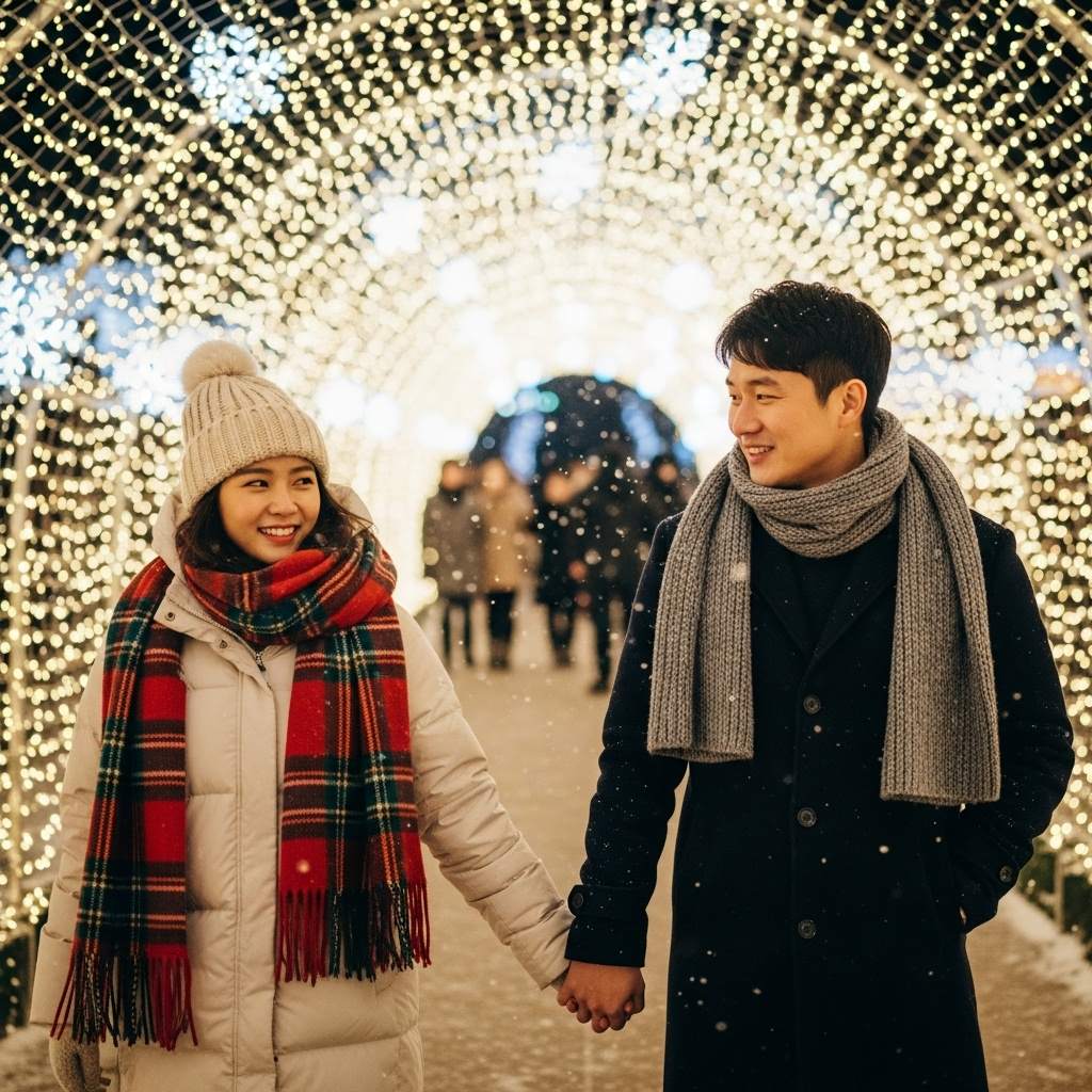 서울윈터페스타 동대문, LED터널을 걷고 있는 연인