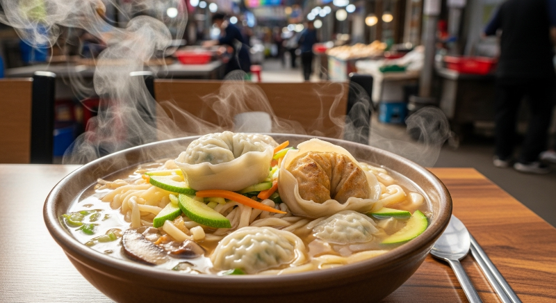 전통시장에서 즐기는 저렴하고 푸짐한 김이 모락모락 나는 따뜻한 칼국수와 만두
