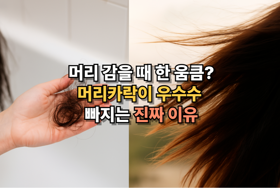 샤워 중 머리카락을 손에 든 장면과 바람에 흩날리며 머리카락이 몇 가닥 빠지는 장면을 나란히 보여주는 이미지로, 실제 탈모 증상을 시각적으로 설명함