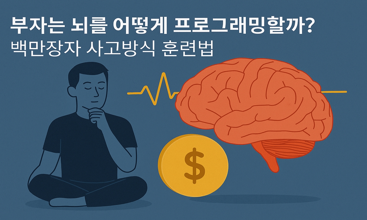 이 이미지는 노란 뇌와 수학적 아이콘, 전략적 도해들이 있는 책상 앞에 앉은 남성을 중심으로 구성되어, 백만장자 사고방식을 상징적으로 표현하고 있다. 계획적 사고와 재정 전략 훈련이 뇌 회로에 영향을 준다는 메시지를 시각적으로 담아낸 일러스트다.
