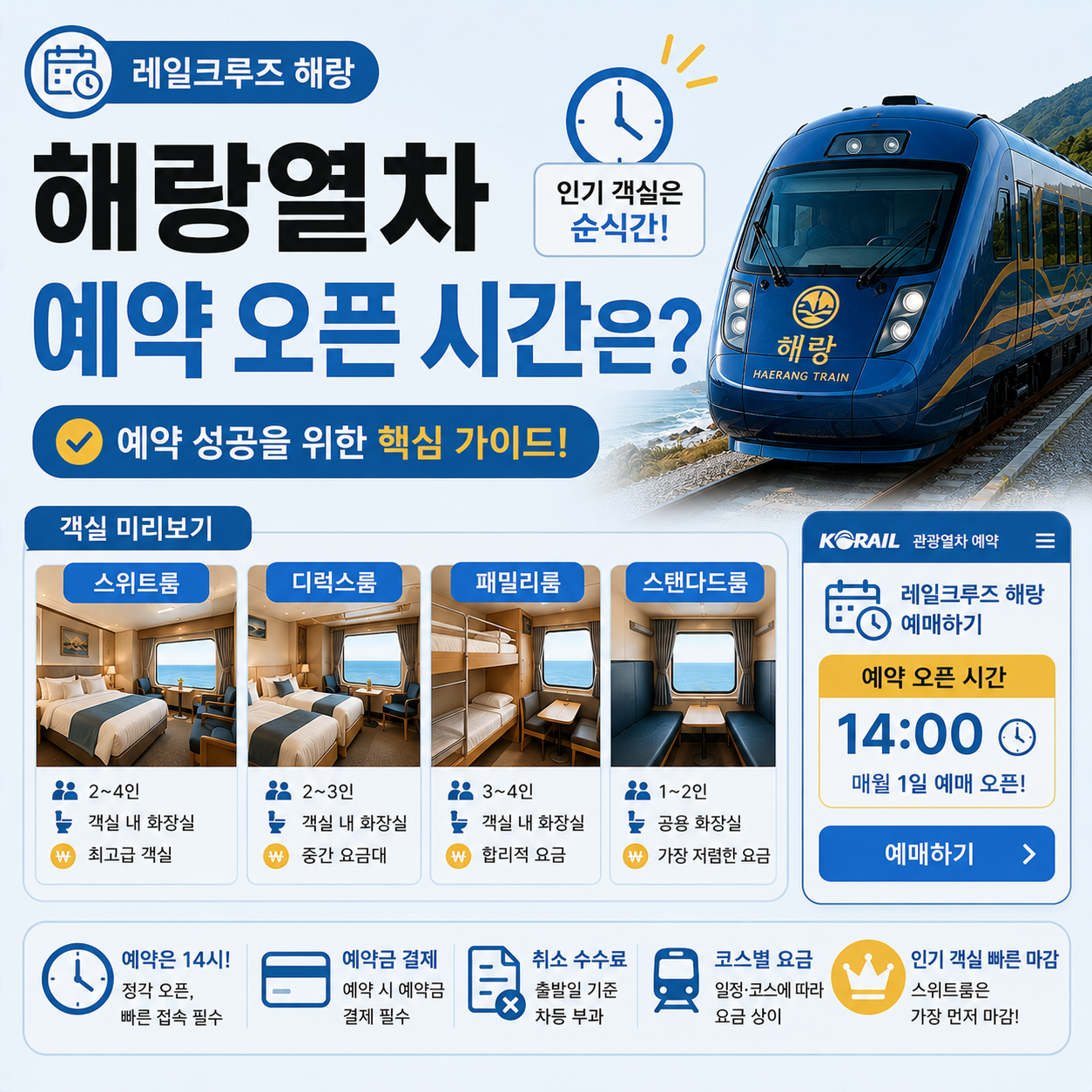 해랑열차 객실 내부와 예약 화면을 보여주는 이미지