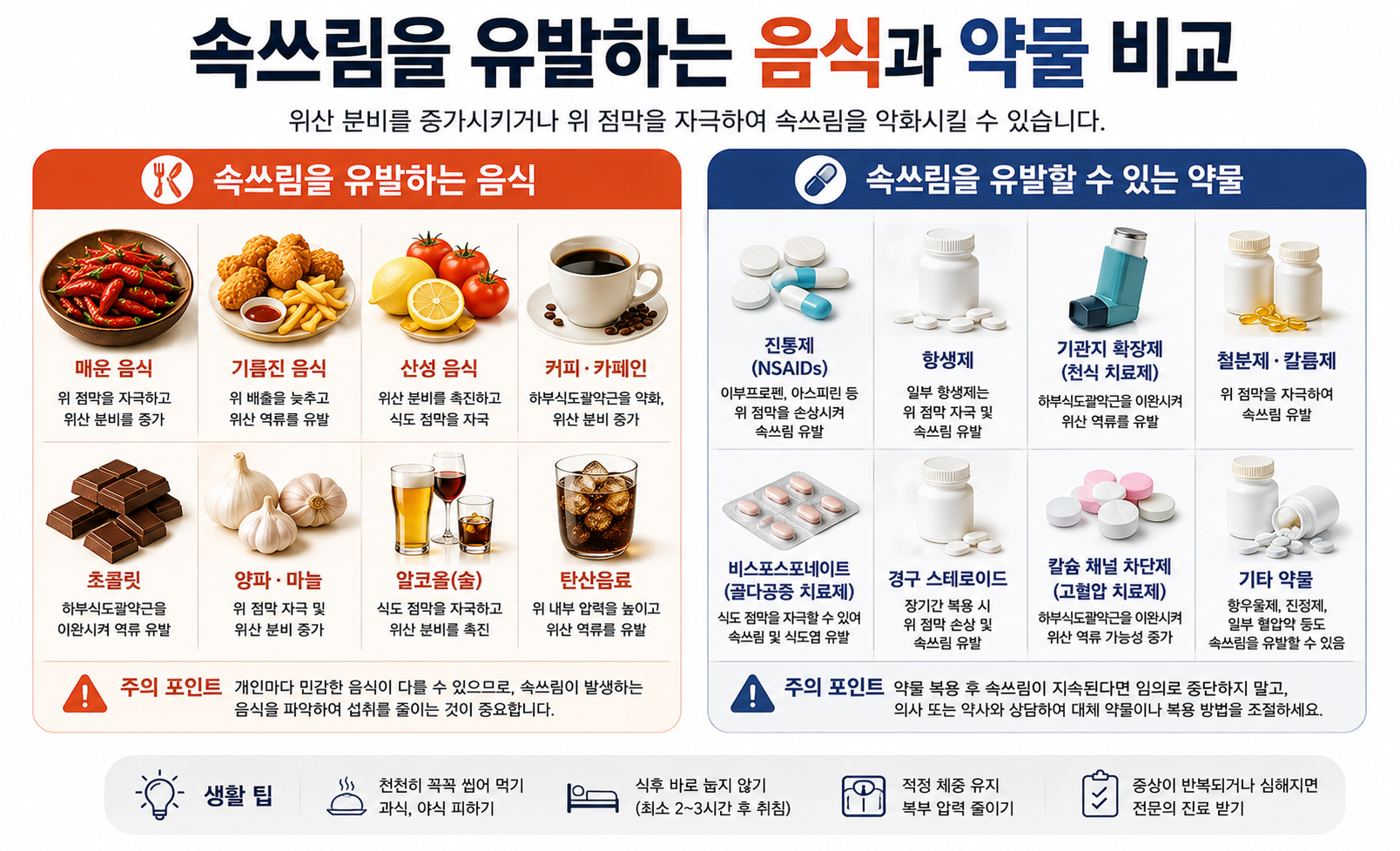 속쓰림을 악화시킬 수 있는 음식과 약물 비교 이미지