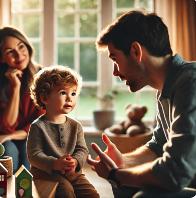 어린 아이와 아빠가 함께 대화하고 있는 모습 관련 사진
