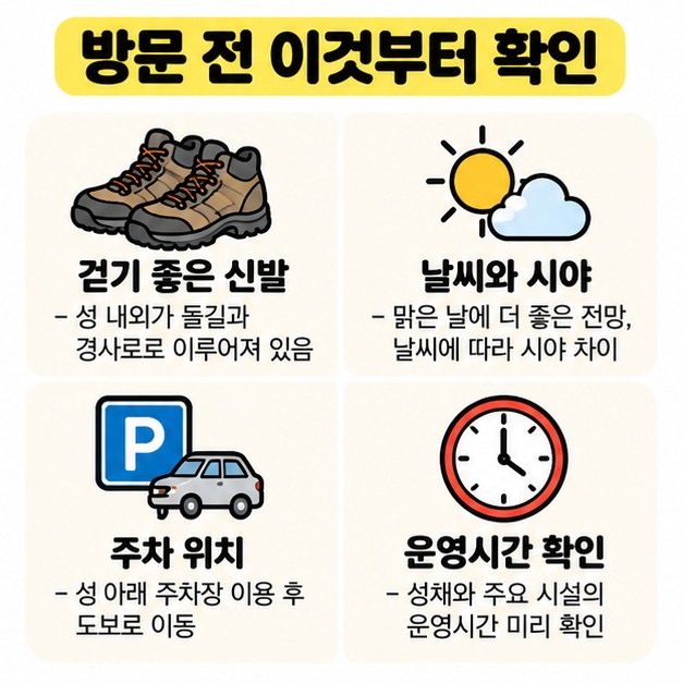 걷기 좋은 신발과 날씨 확인, 주차 위치, 운영시간 확인을 체크리스트로 보여주는 방문 준비 카드