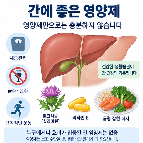 간에 좋은 영양제와 밀크시슬 비타민 E 오메가3 종합비타민을 근거 수준과 함께 보여주는 교육용 이미지