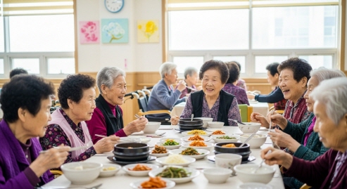 요양원 식당에서 식사하는 노인들