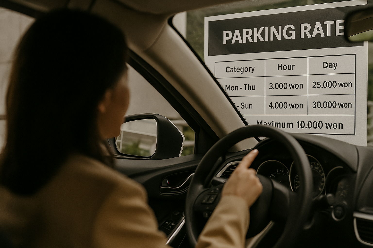 운전자가 주차장 요금표를 확인하는 모습