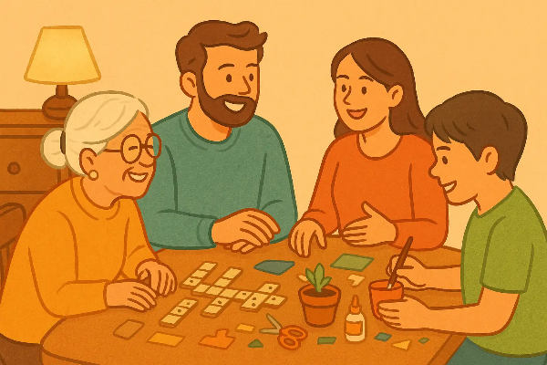 보드게임하며 대화 나누는 다양한 세대의 사람들, 술 없이도 웃음 가득한 즐거운 순간을 보내는 모습. 키워드: 술 없는 모임, 건강한 소통, 다양한 활동, 소버 라이프.