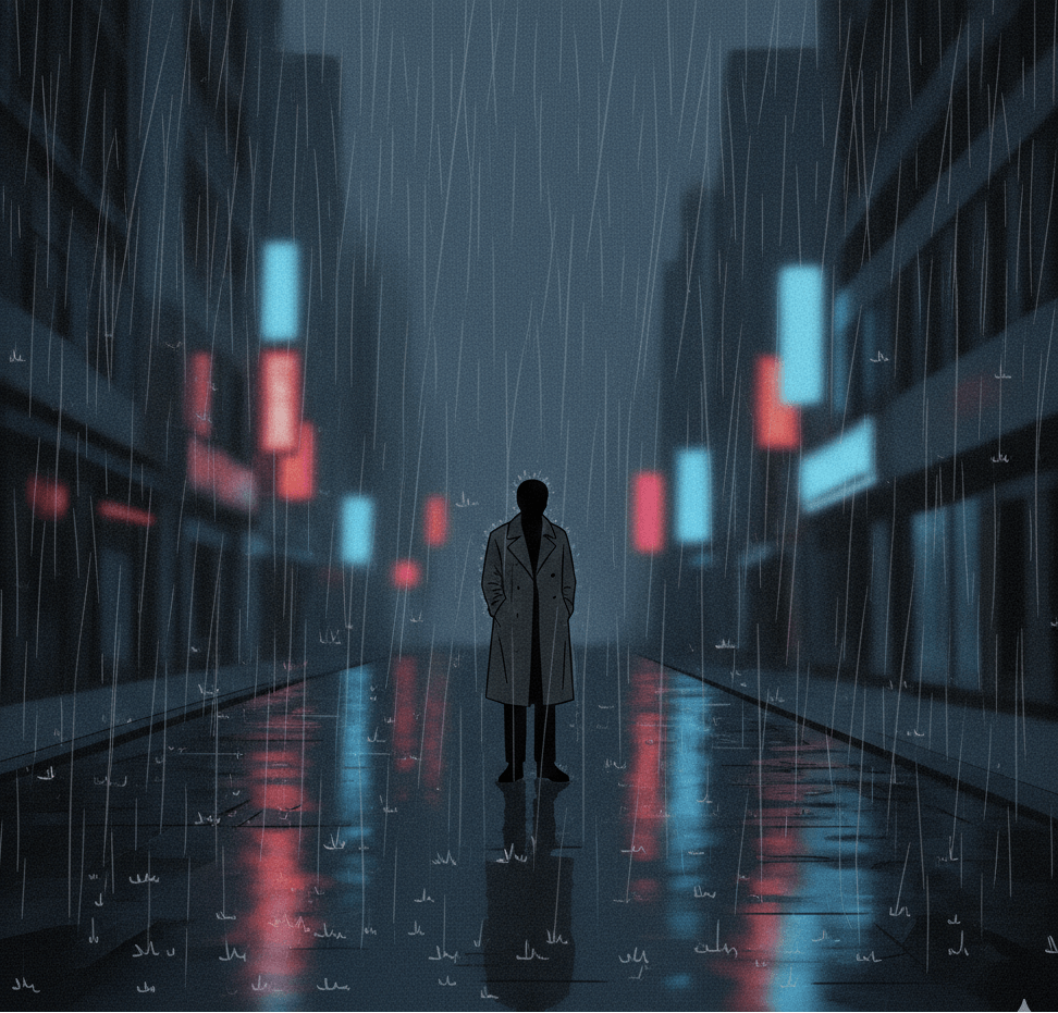 비 내리는 어두운 도시 거리