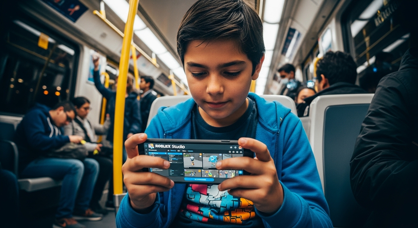 지하철에서 스마트폰으로 로블록스를 진지하게 플레이하거나 개발하는 듯한 10대 소년의 모습