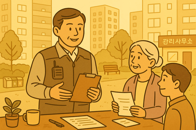아파트 단지 관리사무소 앞에서 입주민들과 상담 중인 주택관리사 모습