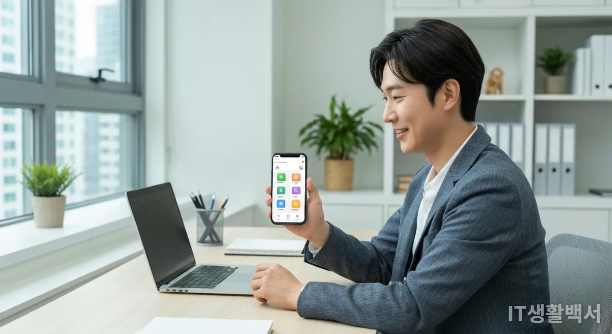 스마트폰 앱으로 집안 기기를 제어하며 미소 짓는 한국인 직장인