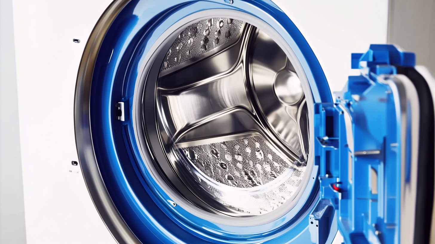 큰 용량의 삼성 세탁기 내에 설치된 스테인리스 드럼 필터가 먼지를 효과적으로 포착하는 능력을 강조한 도식적 이미지