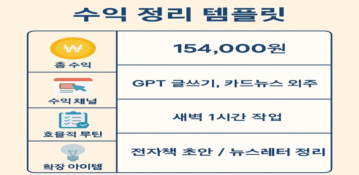 “수익 정리 템플릿 – 총수익, 수익 채널, 효율적 루틴, 확장 아이템 항목으로 구성된 네모형 가로 인포그래픽”