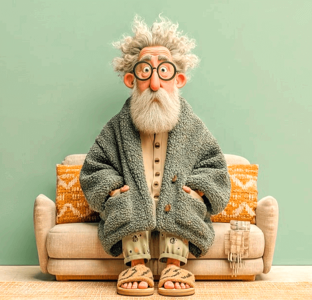 백발의 곱슬머리를 하고 흰턱수염이 가득한 할아버지가 두터운 회색 털 가디건을 입고 소파에 앉아있다.