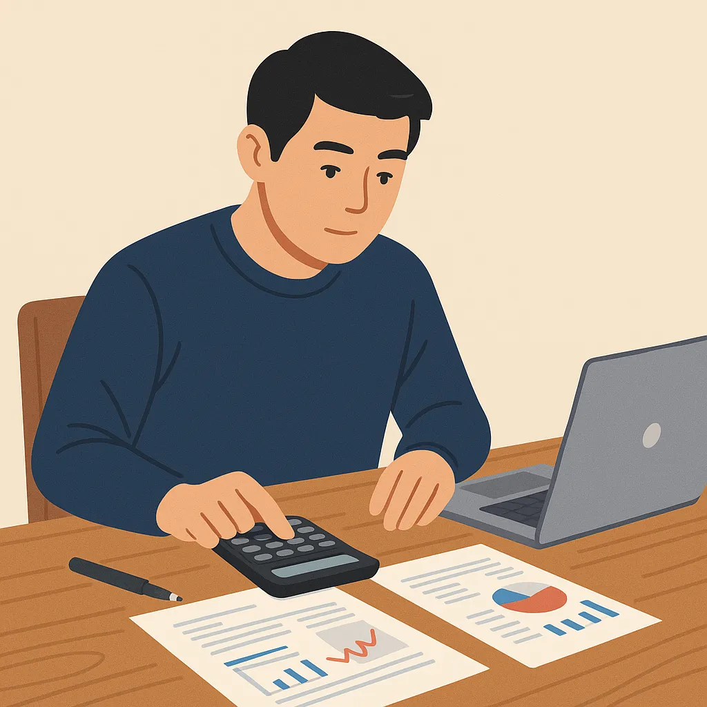 노트북과 계산기로 재무 자료를 정리하는 남성