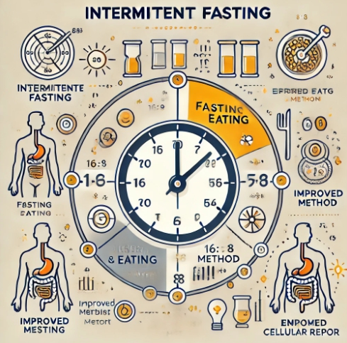 간헐적 단식을 이해하기 쉽게 그림으로 표현. 식사 시간, 신체 변화, 이점 등을 설명하는 그림.