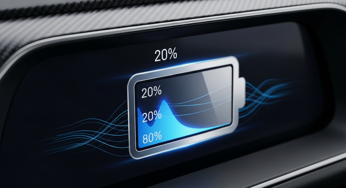 전기차 계기판에 배터리 아이콘과 20~80% 사이를 유지하는 충전 레벨을 보여주는 애니메이션 그래픽