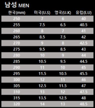 미국 남자 신발 사이즈표