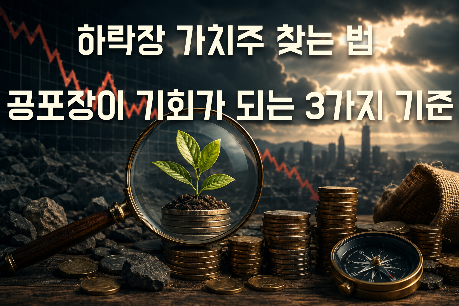 하락장 속에서 가치주를 분석하는 투자 전략 개념 이미지, 주가 하락 그래프와 돋보기로 살펴보는 성장 기업