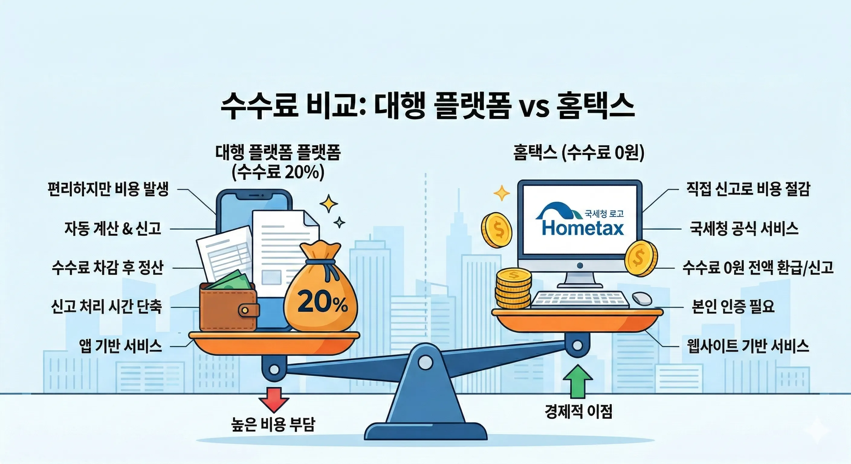 세금 환급 시 수수료 20%가 발생하는 대행 플랫폼과 수수료 0원인 홈택스 직접 신고의 장단점 비교 안내도